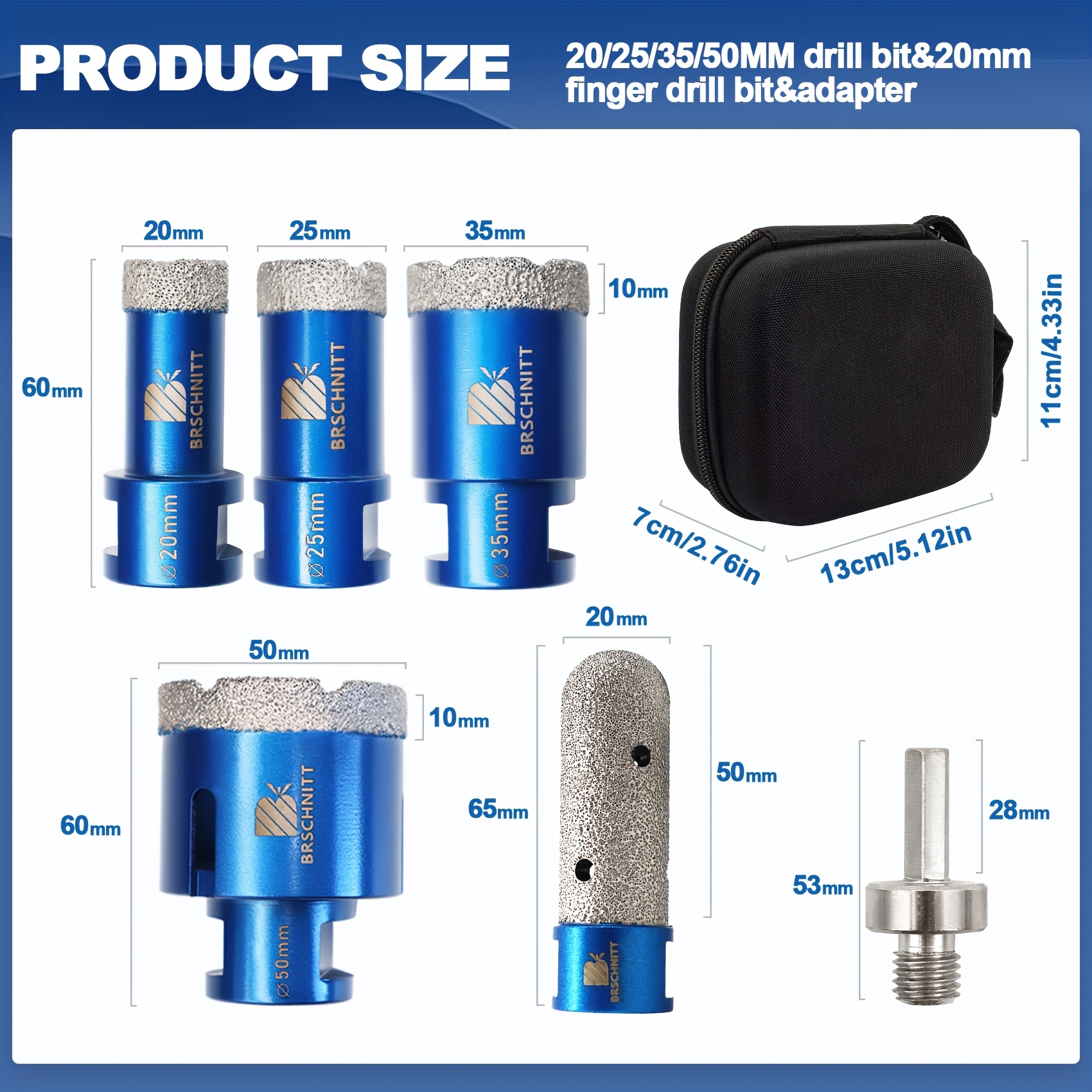6pcs Tile Kit 20/25/35/50mm & 20mm Diamond Finger Milling Core Drill Bit Set For Porcelain, Ceramic, Marble, Granite & Adapter