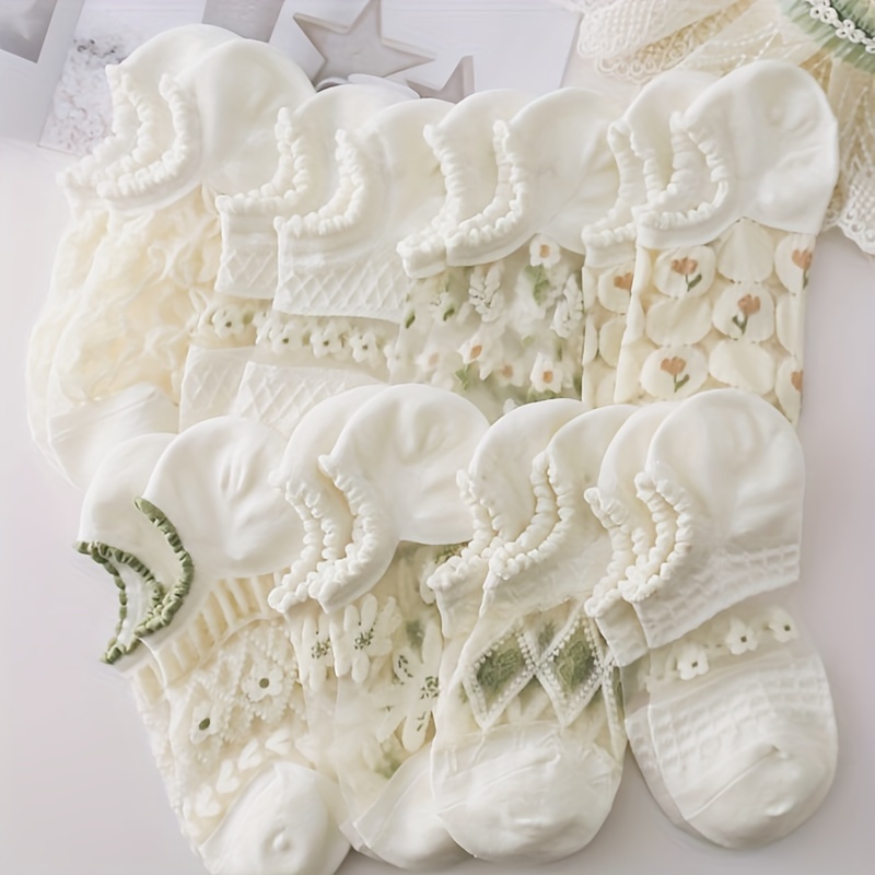 

8 Pairs Floral Print Mesh Socks, Breathable Kawaii Lettuce Trim Ankle Socks, Women's Stockings & Hosiery
