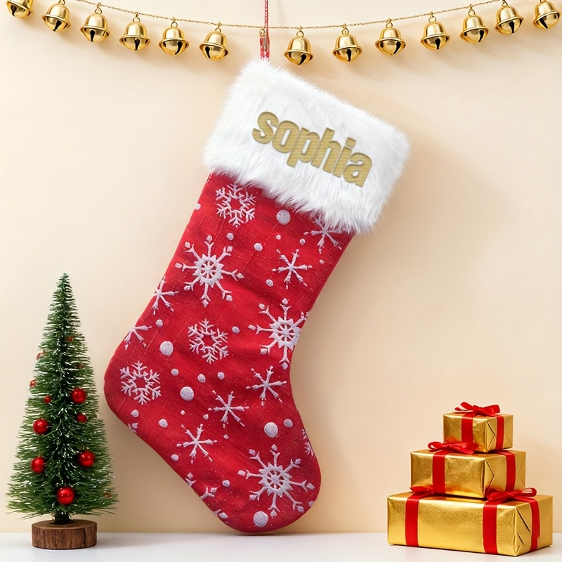 TEMU Personalized Stocking With White Faux Fur Cuffs And Snowflake Design - Perfect For Fireplace Decor, Christmas Ornaments, And Holiday Gifts