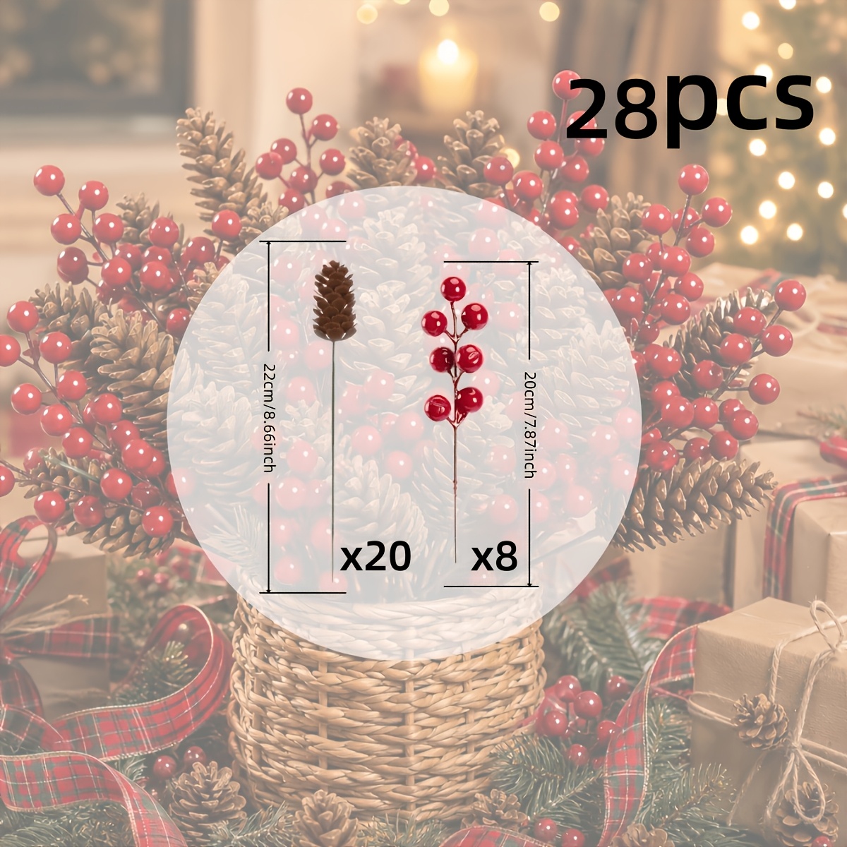 TEMU 28 pièces Branches de pin artificielles, pommes de pin et ornements de rouges | Décorations réalistes en plastique pour sapin de Noël |