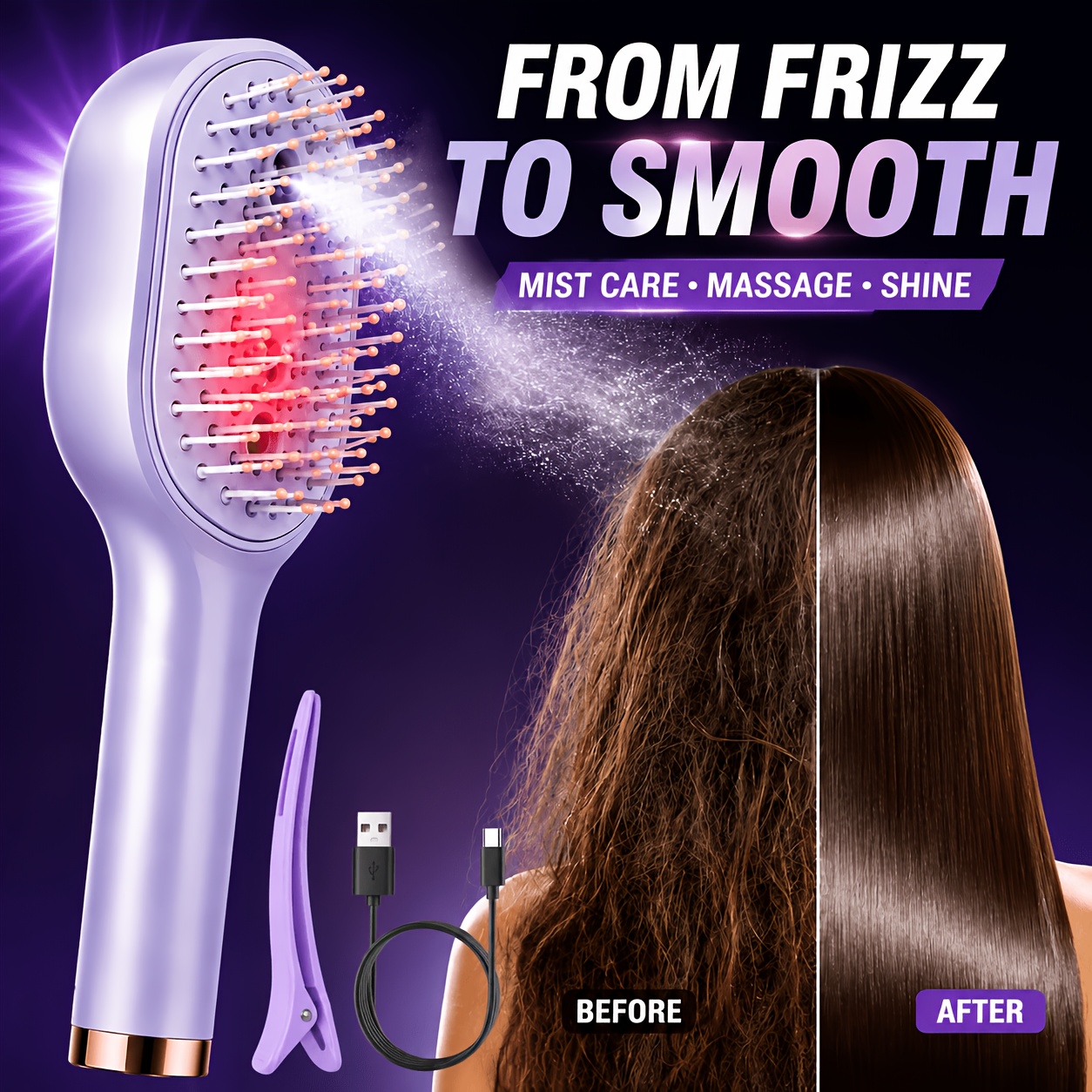 TEMU 3pcs Portable Usb Rechargeable Electric Scalp Massager Comb With Retractable Teeth & Mist Suitable For All Hair Types, Air-cushion Detangling