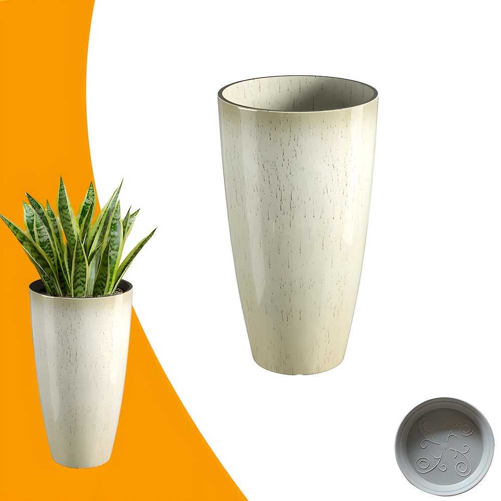 Image of 23.5" Tall Gradient Beige Plastic Planter With Tray And Drainage Hole – Lightweight, , Oval Shape For Indoor/outdoor Use – Perfect For Porch, Patio, And Deck Decoration