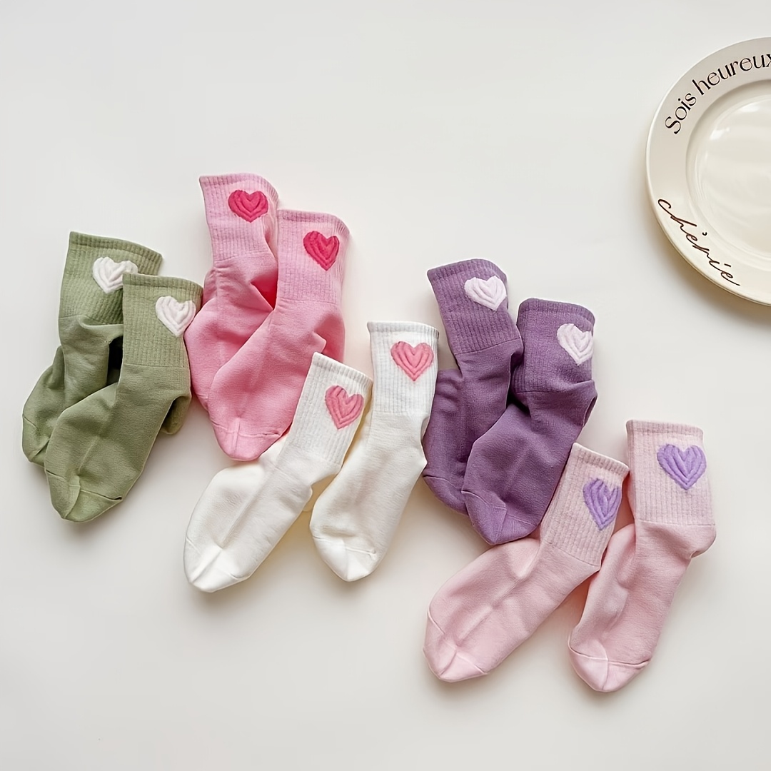 3/5-pair Girls' Mid-calf Socks, Style, Cute And Trendy Heart-patterned Cotton Socks For Students, Ages 2-15, Girls' And Children' Sports Socks
