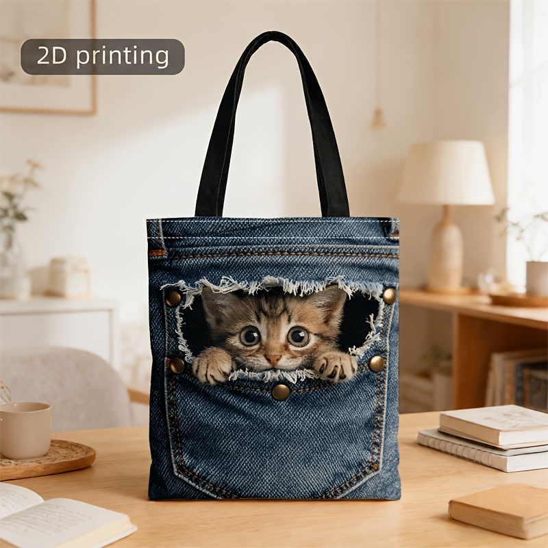TEMU 1pc Of Crossbody Bag And Handbag For Men And Women, 2d Of Kitten In Ripped Pocket, Unisex Crossbody Tote Bag, Ideal For Daily , Students & Pet