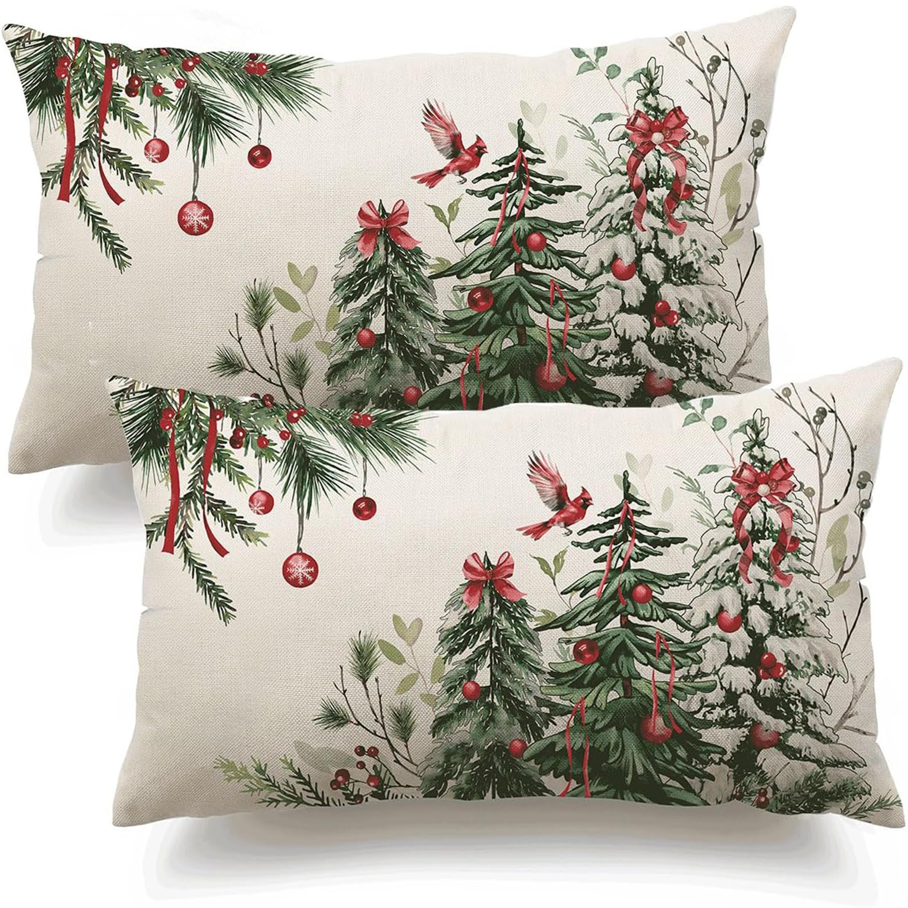 

2-pack Linen Throw Pillow Covers 12x20 Inch - Contemporary Christmas Tree & Floral Pattern, Zipper Closure, Machine Washable, Decorative Pillows For Home Couch - Various Room Types