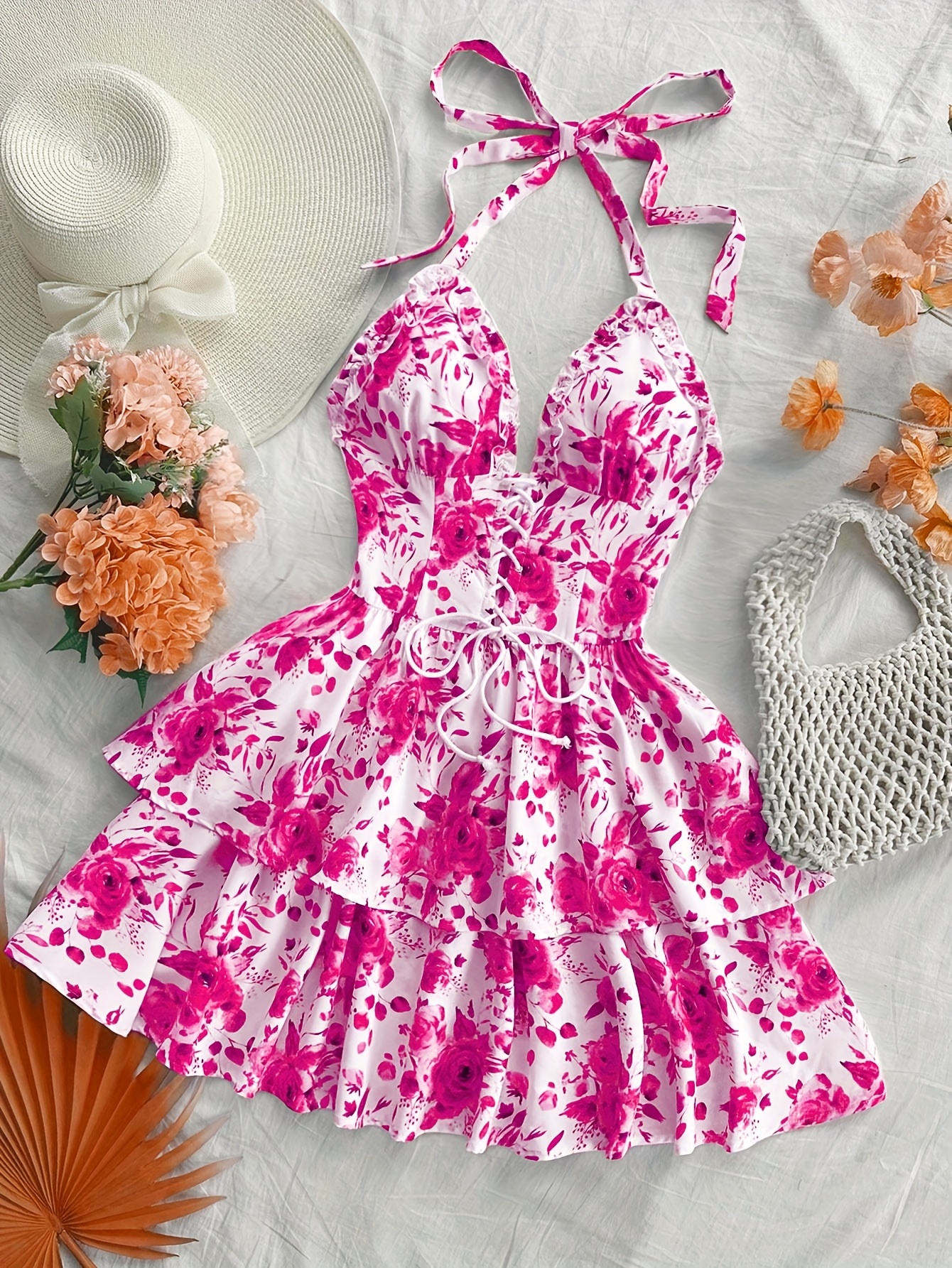 women's floral dress ruffle hem pink white watercolor Temu Saudi