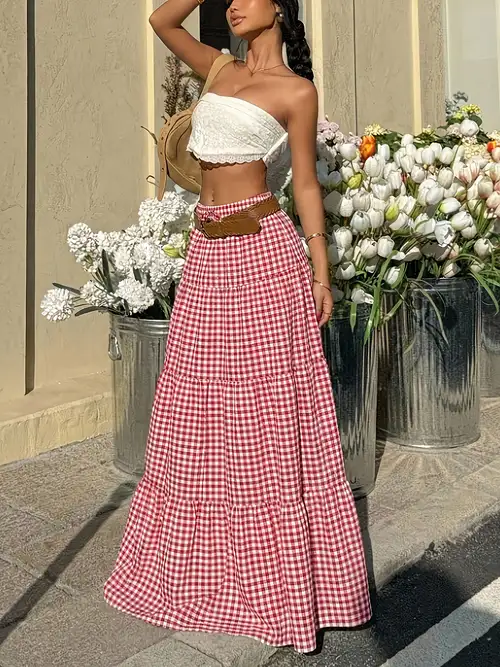 red and white check dress womens Red Gingham Check Maxi Dress for Women Summer 2026