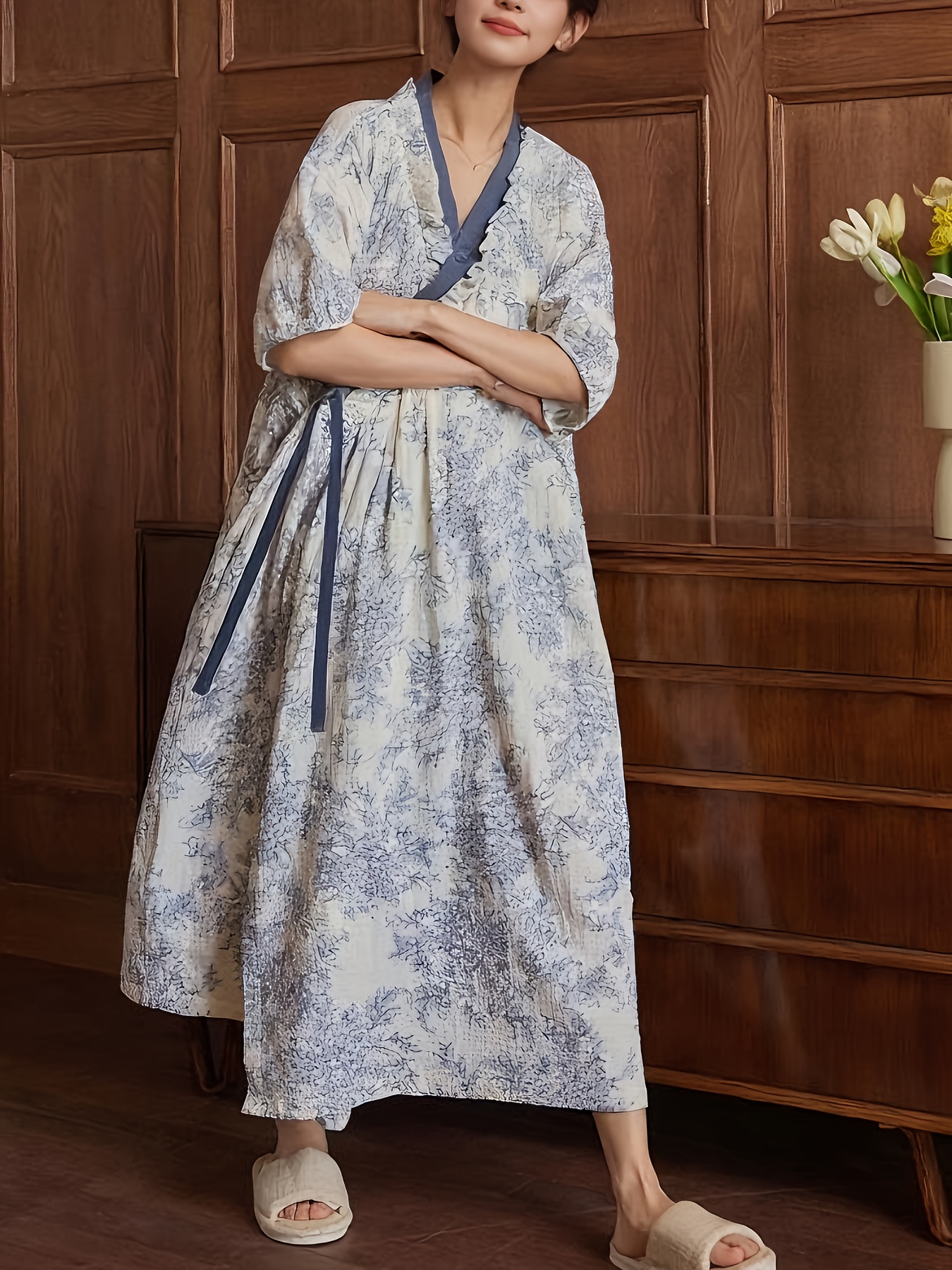 2025 new womens floral kimono dress with built in bra light blue white floral print v neck short sleeve adjustable belt   length casual sleepwear for spring summer summer sleepwear floral kimono style soft fabric dress