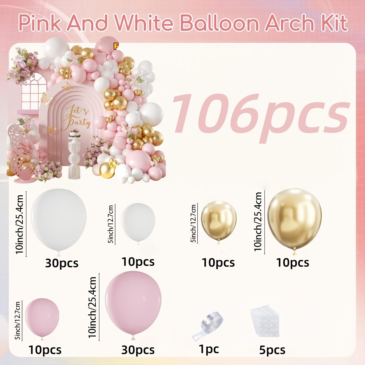 TEMU Ensemble de 106 pièces de couronne et de ballons en latex et métal roses et blancs, convient pour les anniversaires, mariages, fêtes prénatales,