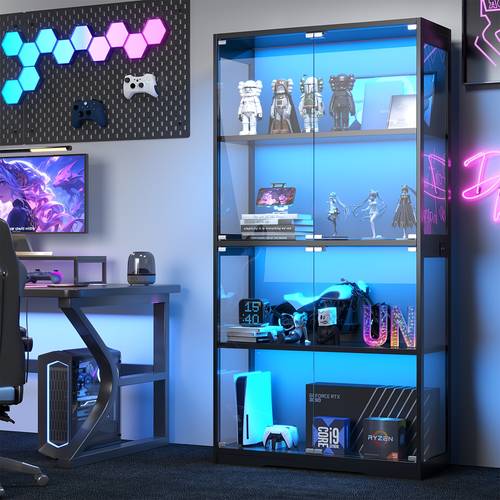 63 with glass doors 4 tier display case for collectibles bookcase living room black