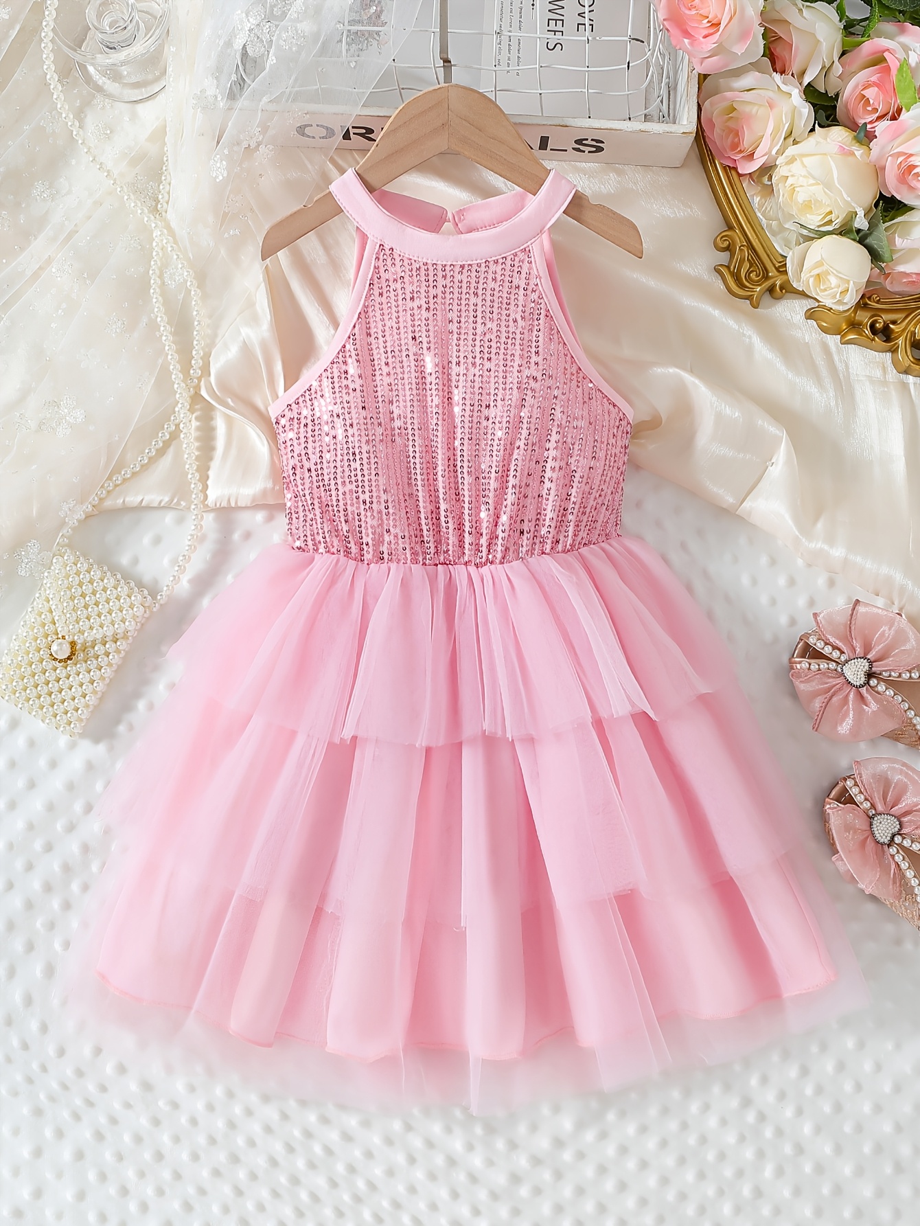 A * And Elegant Pink Sequin Mesh Dress with a Round Neck And Halter Design,  Suitable for Everyday Wear, Holiday Parties, Balls, Banquets, Birth