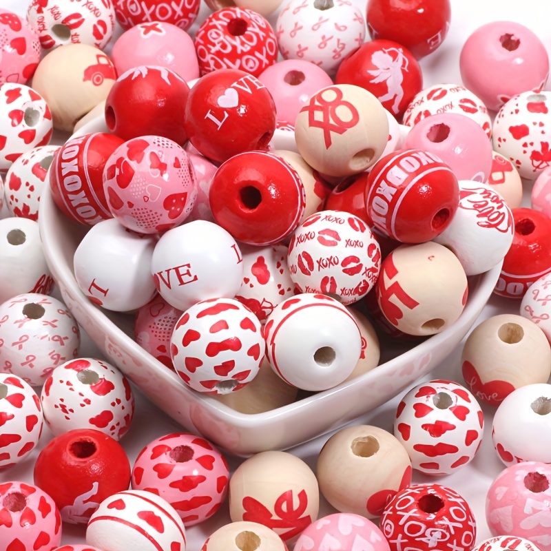 

Valentine's Day Themed Wooden Beads 16mm, Assorted Love And Heart Patterns For Jewelry Making And Crafts, Pack Of 40/80 Pieces