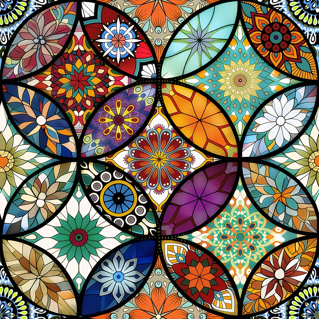 TEMU 1 Roll Bohemian Kaleidoscope Stained Glass Window Film Suitable For Home Privacy Film, Static Cling Removable Vinyl Suitable For Glass Doors,