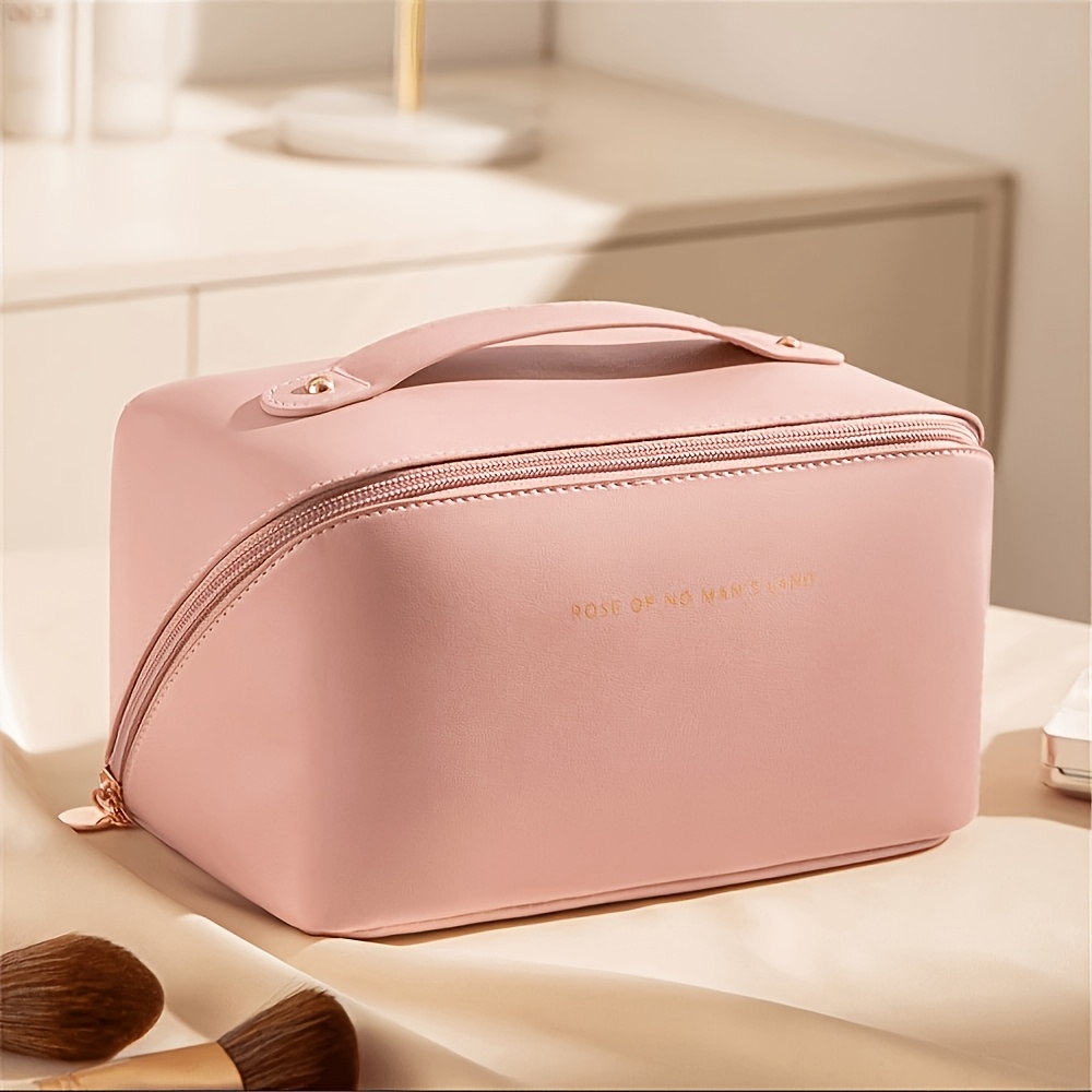 TEMU Women's Travel Toiletry Bag, Personalized Laser-engraved Makeup Pouch, Customizable Name & Logo Cosmetic Bag, Expandable Pu Makeup Bag,