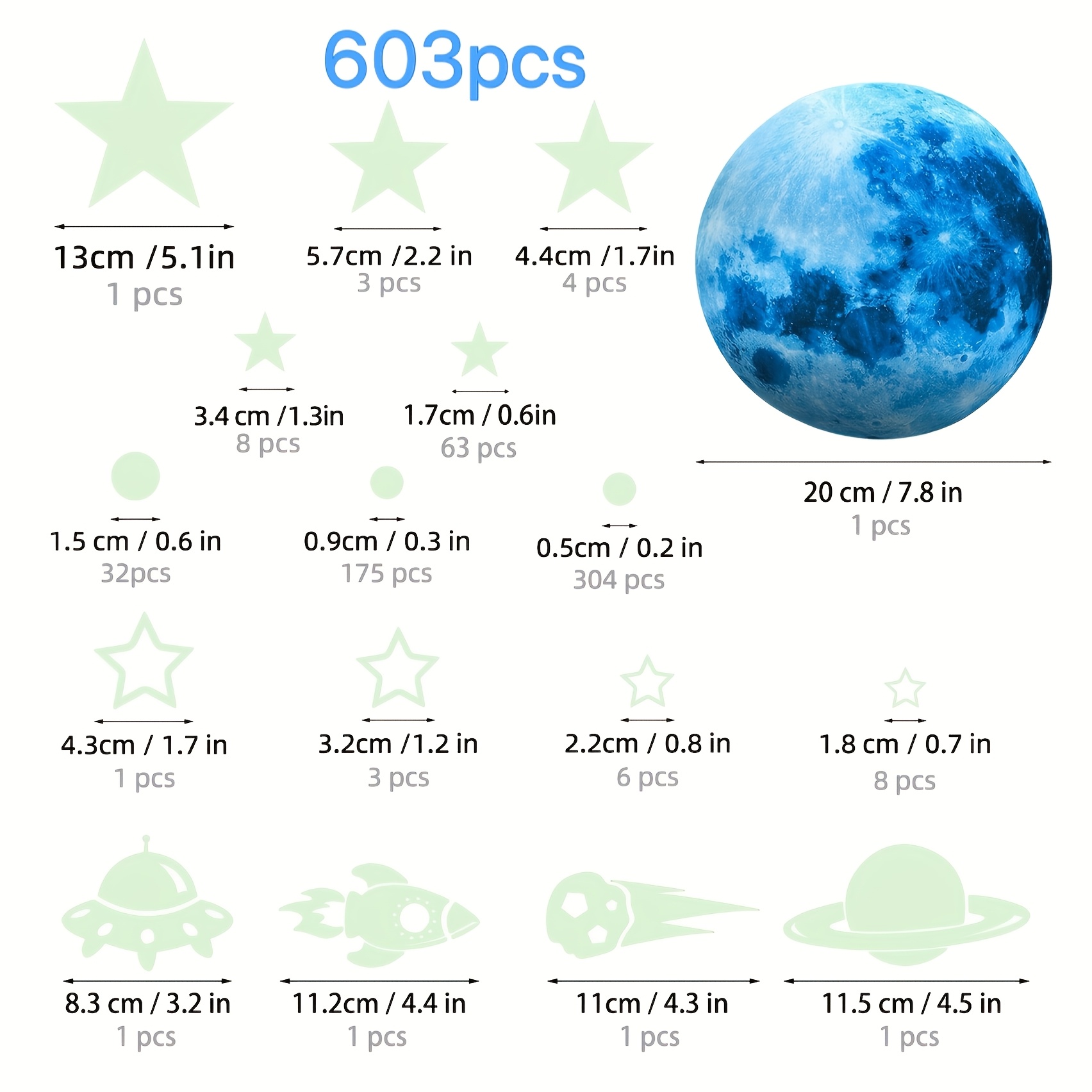 Image of 603pcs Glow In The Dark Stars Stickers, Glow In The Dark Stars Ceiling, Moon And Stars Wall Decals Planets Solar System Wall Stickers For Wall Sticker For Nursery Bedroom Living Room (blue)