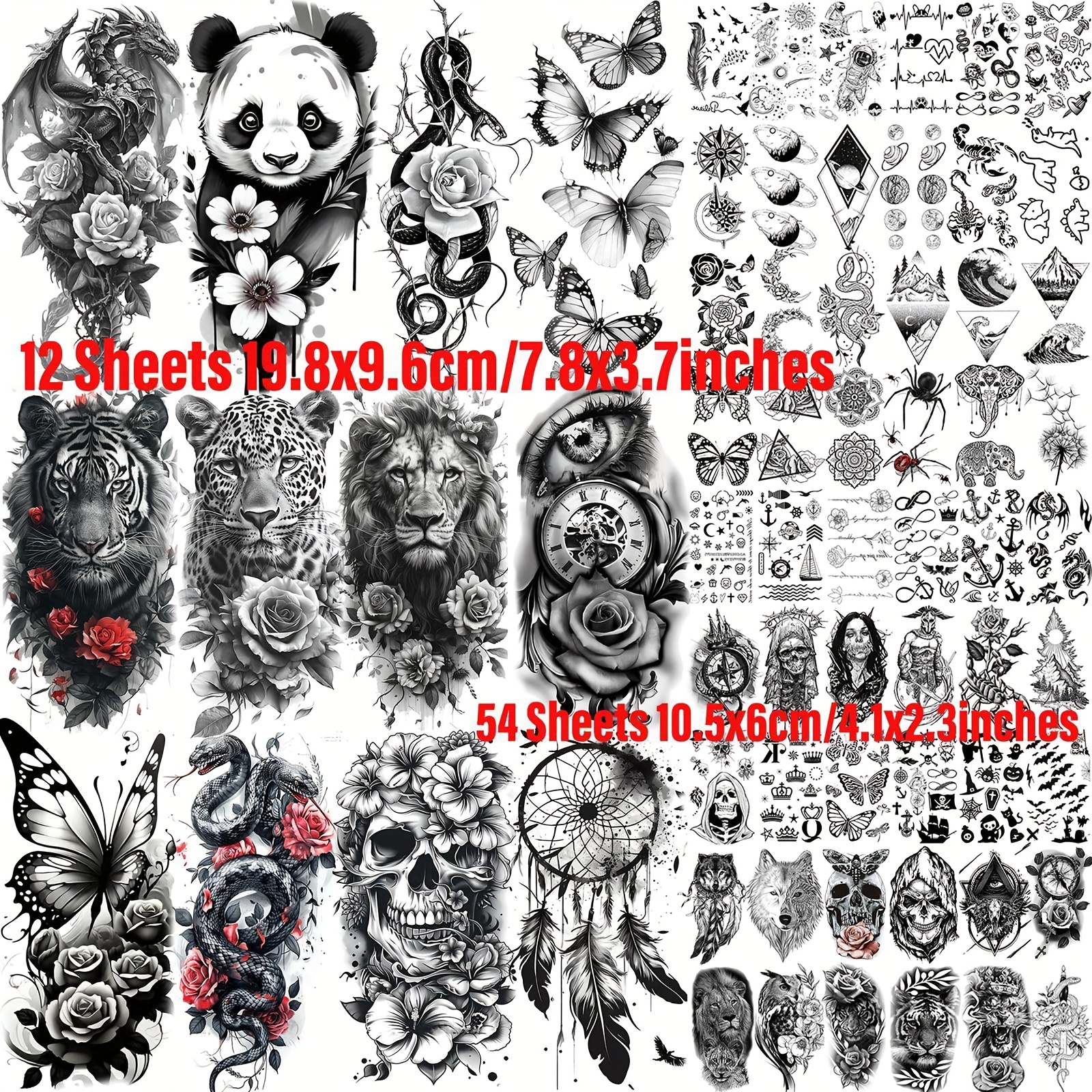 Image of 66 Sheets Temporary Tattoos Compatible For - Realistic Body With Snake, Rose, Dragon, Panda, Tiger, Leopard, Lion, , & Flower Tattoo Stickers - Lasting Fake Tattoos For Parties, Festivals, Gifts (