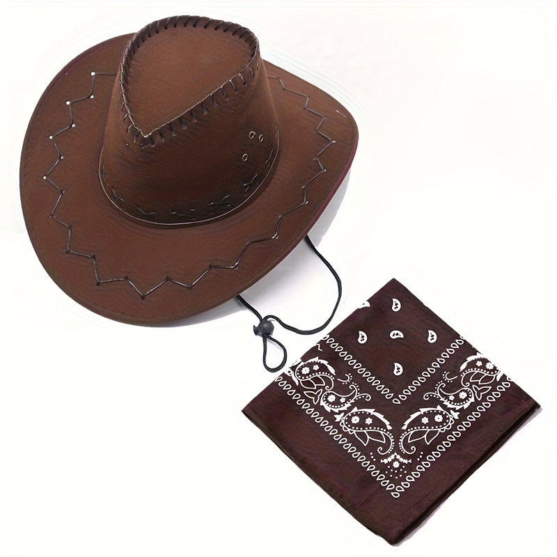 TEMU Western Cowboy Hat And Square Scarf Men's And Women's Sun Hats, Knight Hats, Beach Outdoor Grass Hats, Sun Protection Big Brimmed Hats, Cowboy