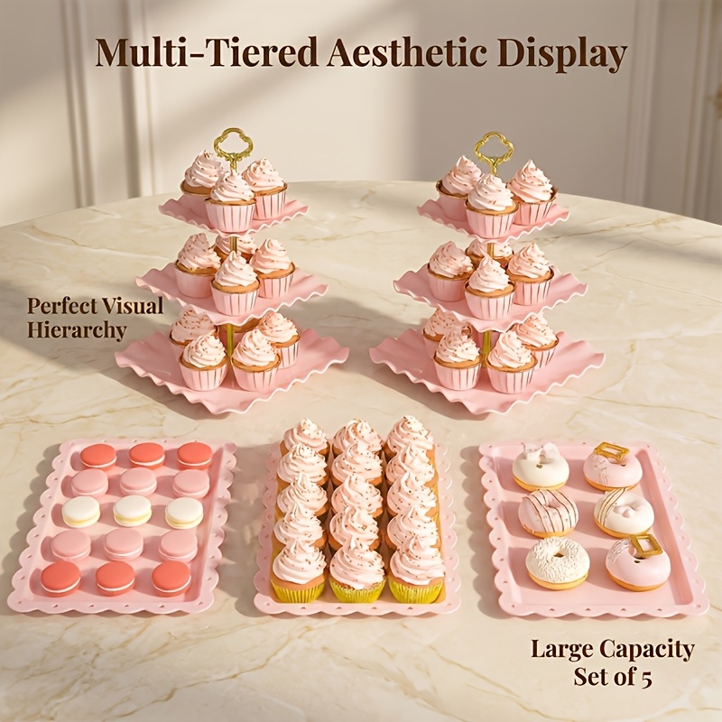 5 Cake Stand Set With 2 Square Three-tier Cupcake Stands, 3 Appetizer Trays For Birthday Baby Bridal Shower Party Christmas Halloween (pink)