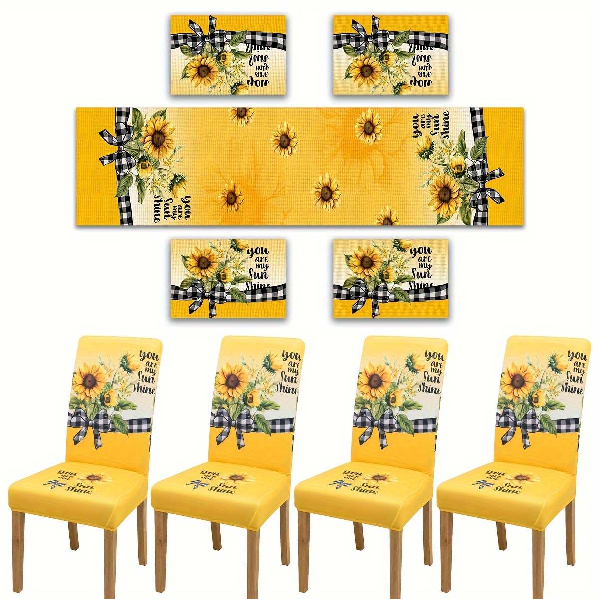 

Sunflower & Plaid Print Dining Set - Stretchable Table Runner, Chair Covers & Placemats For Kitchen, Home, Restaurant & Hotel Decor Sunflower Kitchen Decor Sunflower Kitchen Decor And Accessories