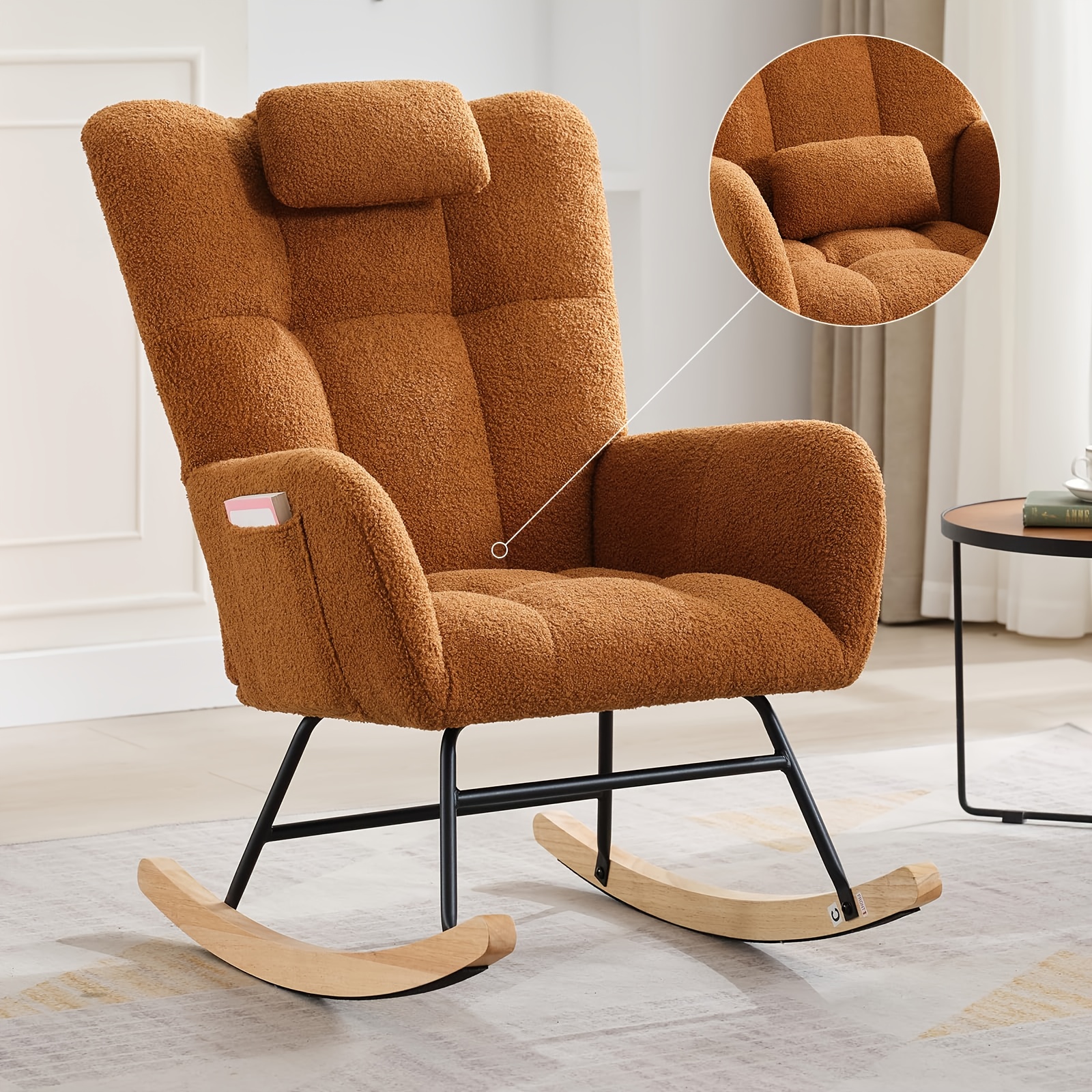   Upholstered Nursery Rocking Chair - High Back Teddy Boucle Glider Chair with Side Pocket, Comfortable Indoor Recliner for Nursery, Living Room, Bedroom, Brown, Metal Frame, Easy Assembly, No Electricity Needed, Nursery Furniture, Elegant Seating Option, Soft Texture  