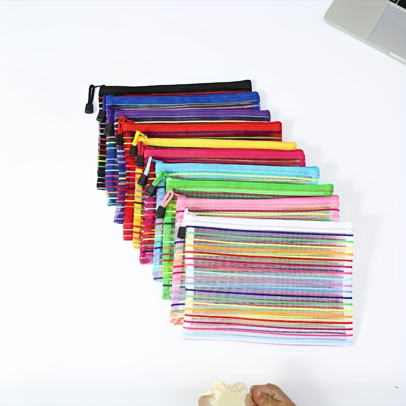 

10- Nylon Mesh Pouches, Zippered Office Organizer, Transparent Exam Striped Pen Case, Stationery Bag For And Files