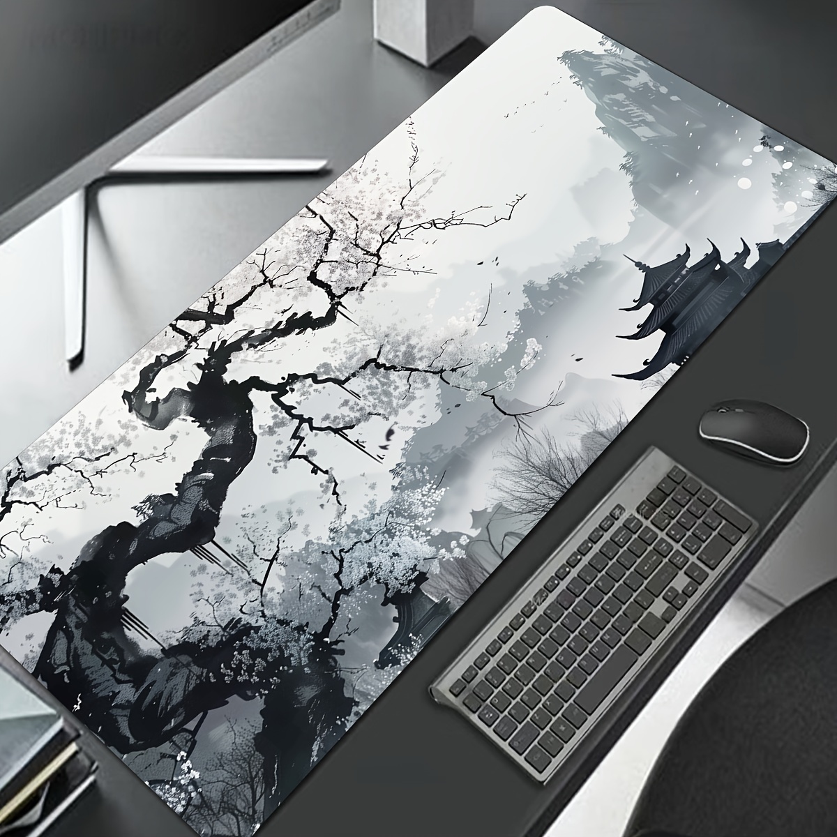 Image of Large Chinese Ink Wash Landscape Mouse Pad Desk Mat, 35.4 X 15.7 Inches, Gaming Mouse Pad With Non-slip Rubber Base, Extended Mouse Pad Keyboard Mat