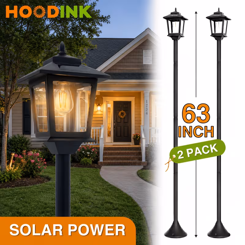 2-Pack Solar Lamp Post Lights - IP44 Waterproof Dusk-to-Dawn Outdoor Pathway Lighting, Warm White
