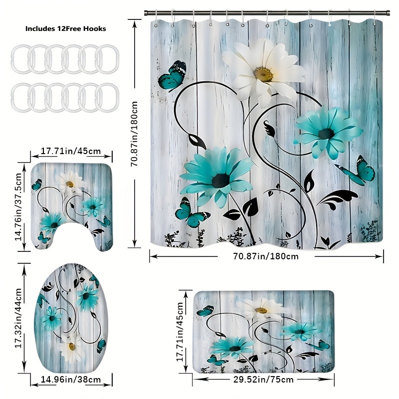 

1/4pcs Blue And White Daisy Style Bathroom Shower Curtain, Shower Curtain With 12 Hooks, Bathroom Rug, Toilet U-shape Mat, Toilet Lid Cover Pad, Bathroom Decor, Shower Curtain Sets For Bathrooms