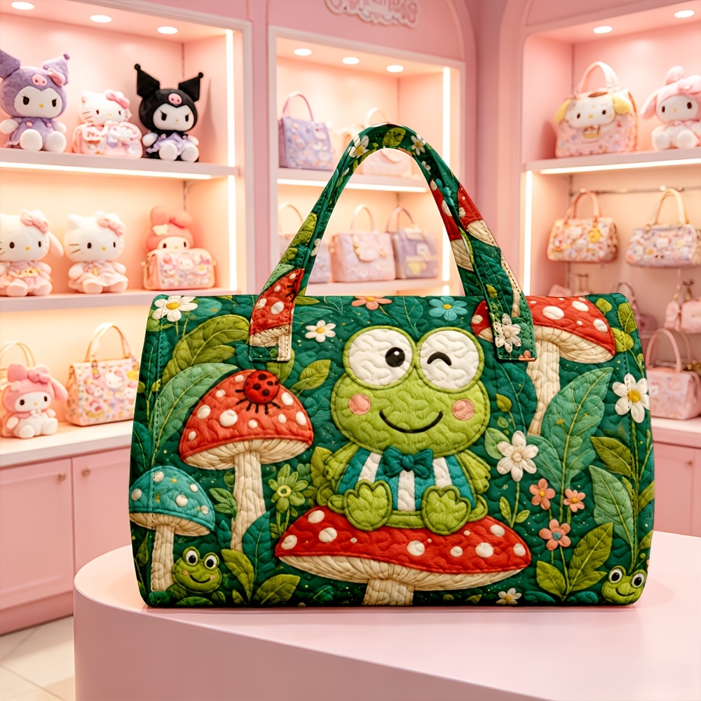 Bolso de mano acolchado de 1 pieza con estampado de Keroppi y champiñones, apto para mujer, bonito bolso de viaje cilíndrico con estampado de rana y champiñón, mochila lavable a máquina para regalos temáticos de Pochi Keroppi