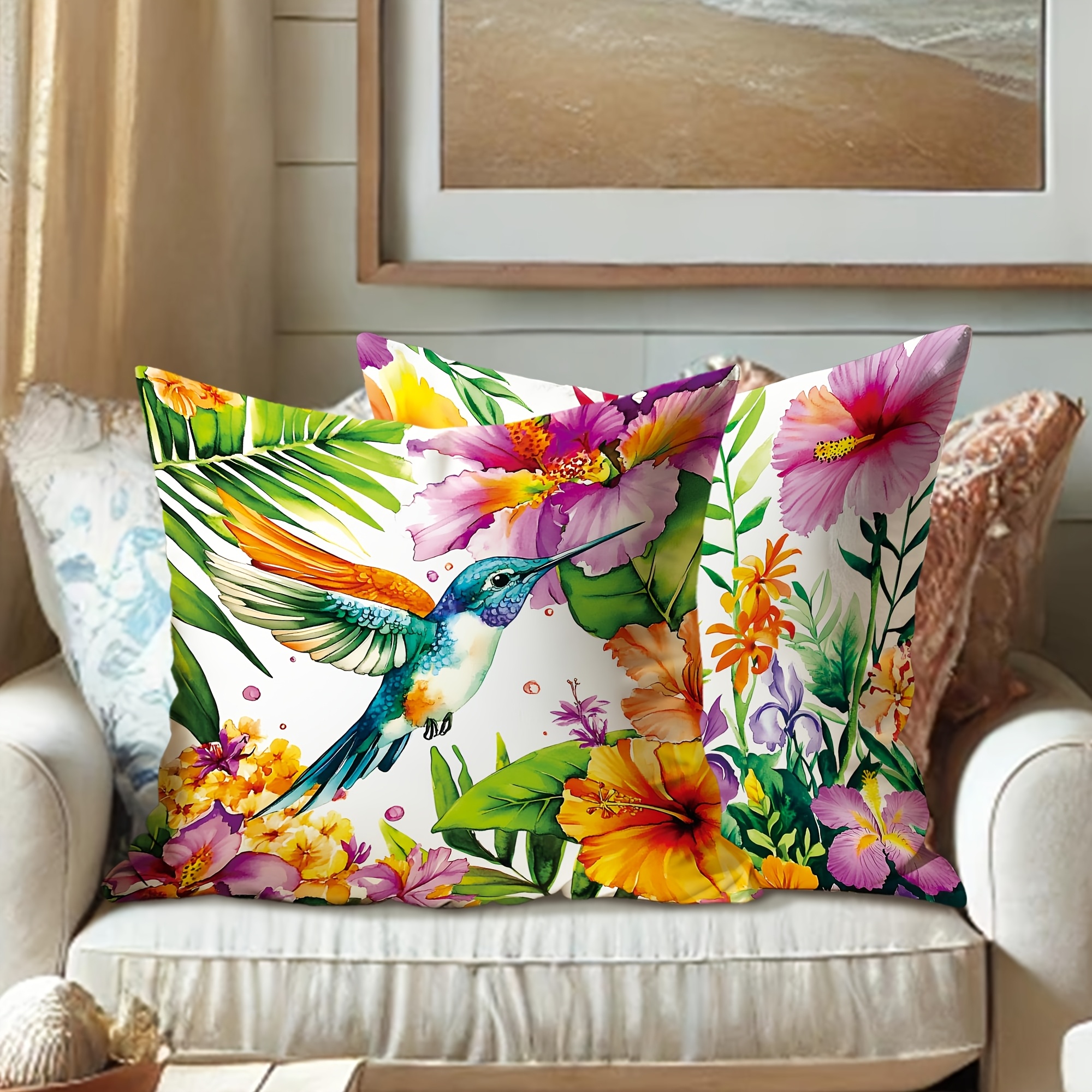 tropical hummingbird hibiscus flower throw pillow covers Temu