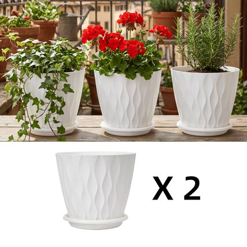 2 white plastic flower pots suitable for indoor and outdoor planting with drainage holes and saucers striped design suitable for flower and plant planting very suitable for placing on courtyards gardening gift home decor