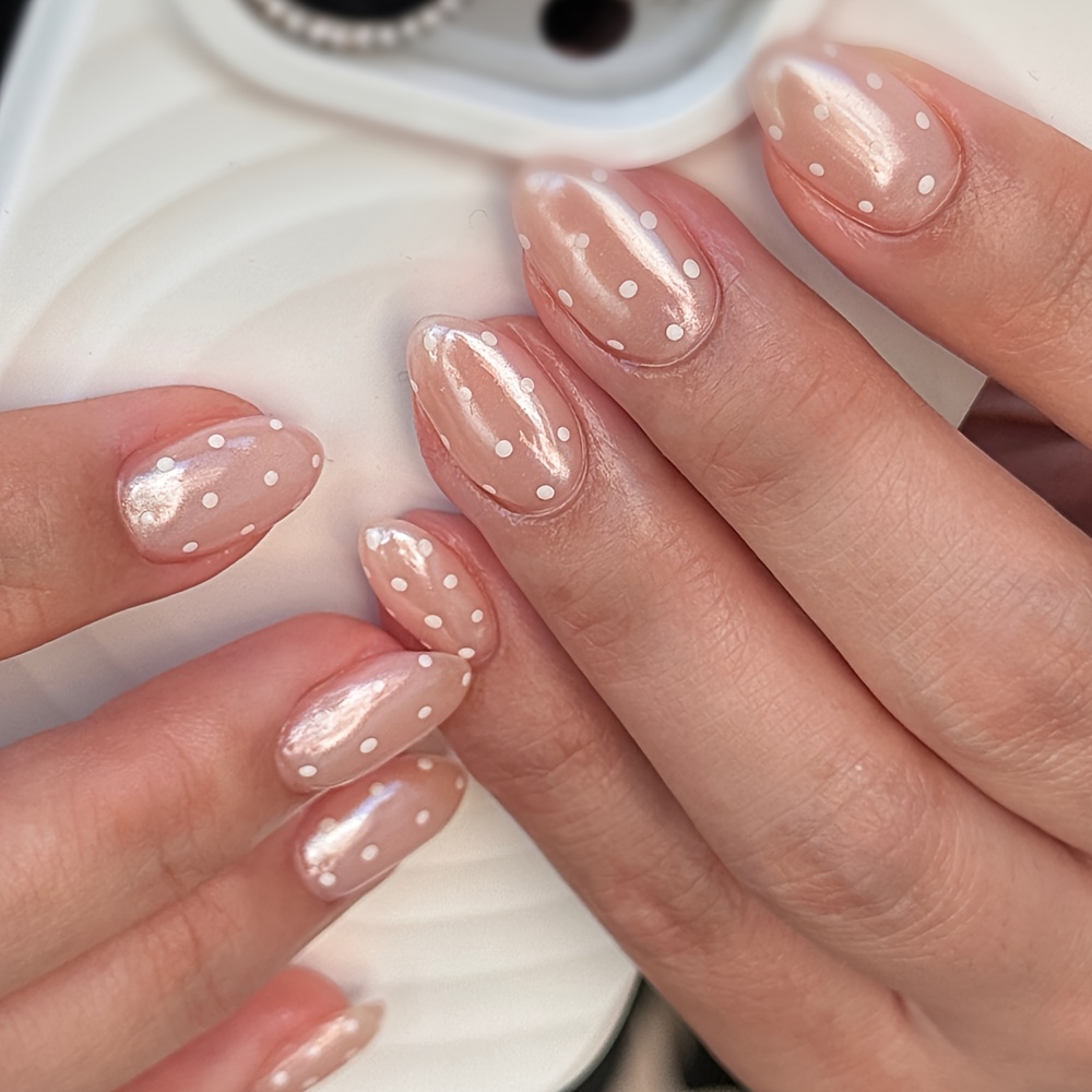 TEMU 30pcs Short Oval Press-on Nails, Sheer Nude Base With White Polka Dots And , Glossy Minimalist False Nails For Natural Look, Ideal For Daily