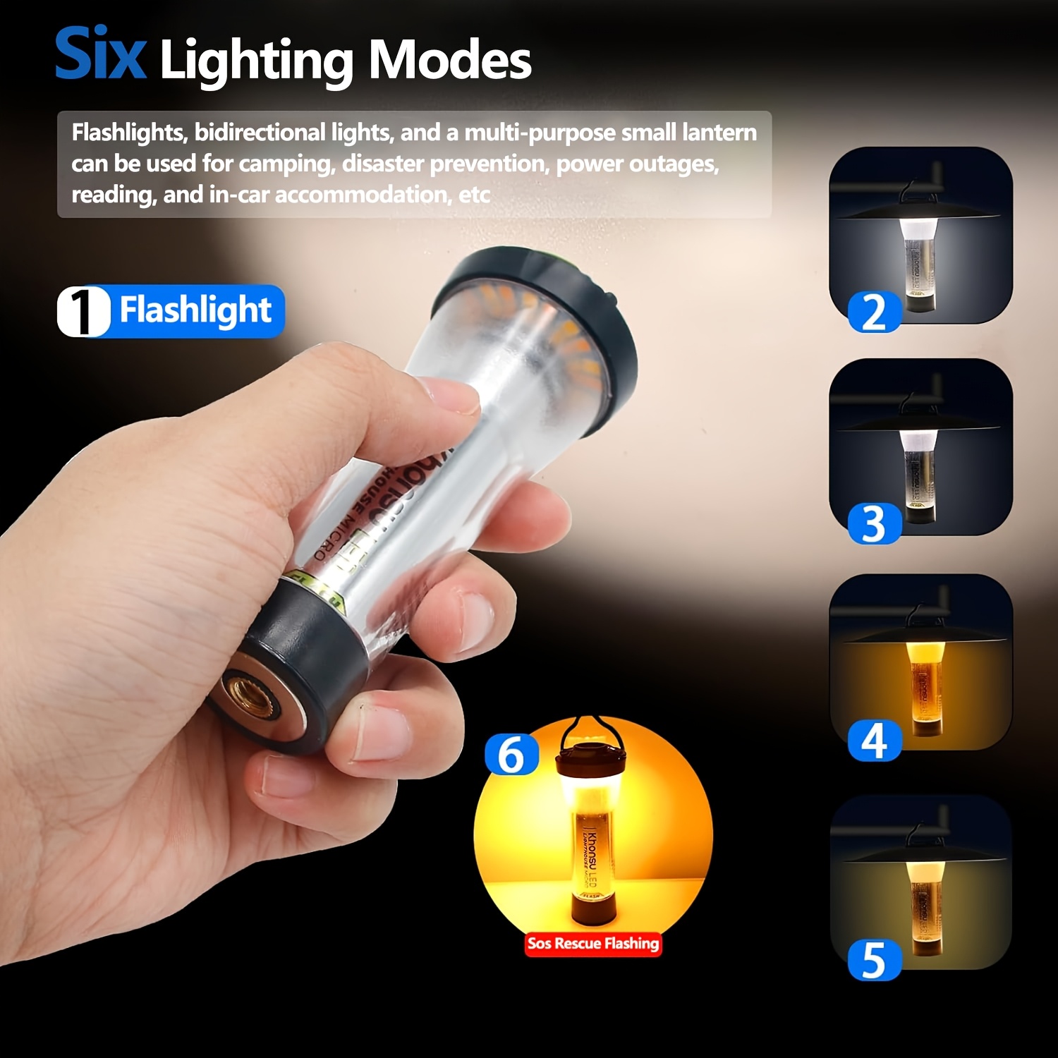 rechargeable led camping lantern 6 lighting   adjustable brightness battery up to 200   portable usb charging ideal for camping and emergency lighting   hook charging cable black