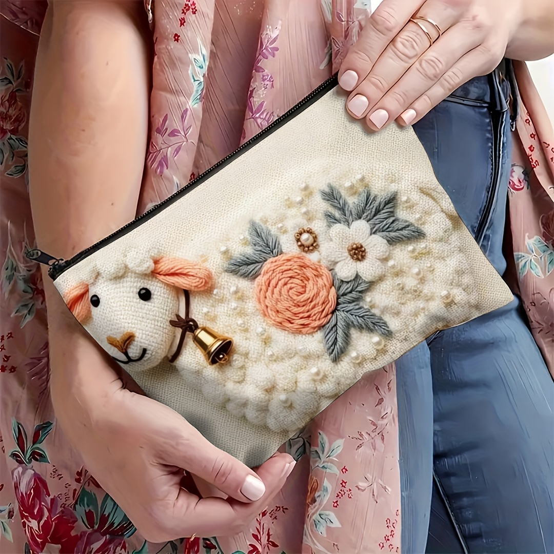 TEMU 2d Flat Print Makeup Bag, 1pc, Simple, Stylish, And Cute Double-sided Print Design. Features A 2d Flat Lamb And Floral Pattern In Macaron Pink,
