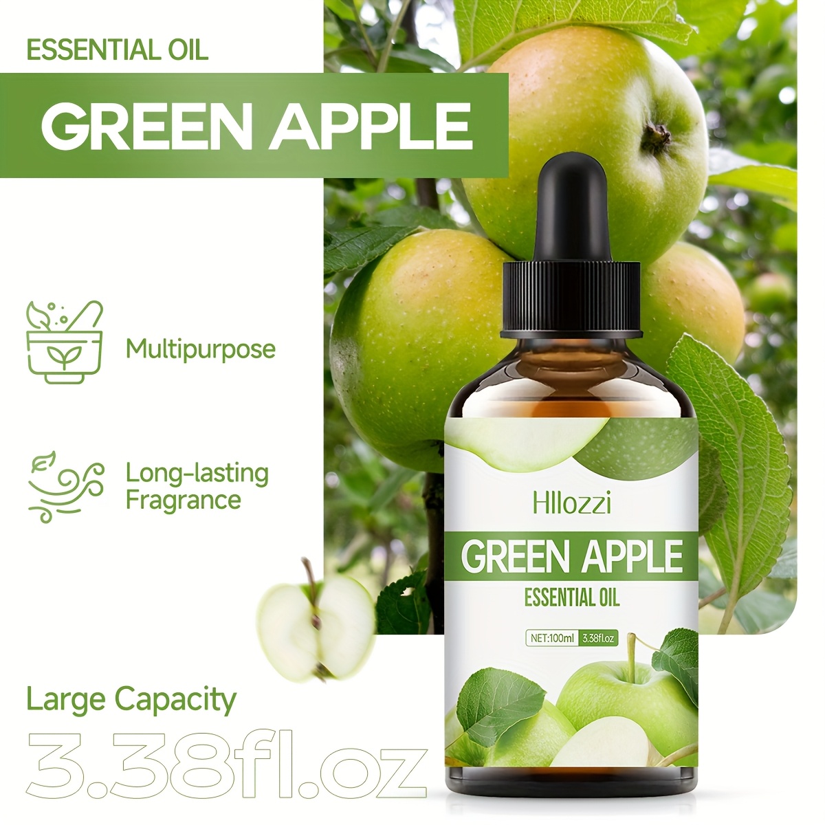 Green Apple Essential Oil (30ml/0.01fl.oz, 60ml/2.03fl.oz, 100ml/3.38fl.oz) – Available in Three Sizes, This Oil Delivers a Refreshing Apple Scent. Ideal for Use in Diffusers, Its Long-lasting Fragrance Makes It a Choice for Home and Travel