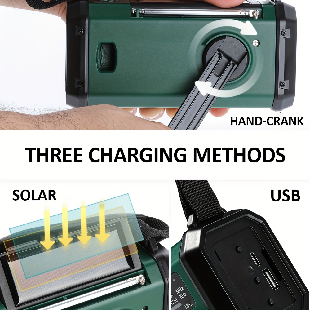 emergency radio solar hand crank powered am fm weather charging 10000mah polymer battery flashlight reading lamp sos alarm phone charger for emergencies details 4