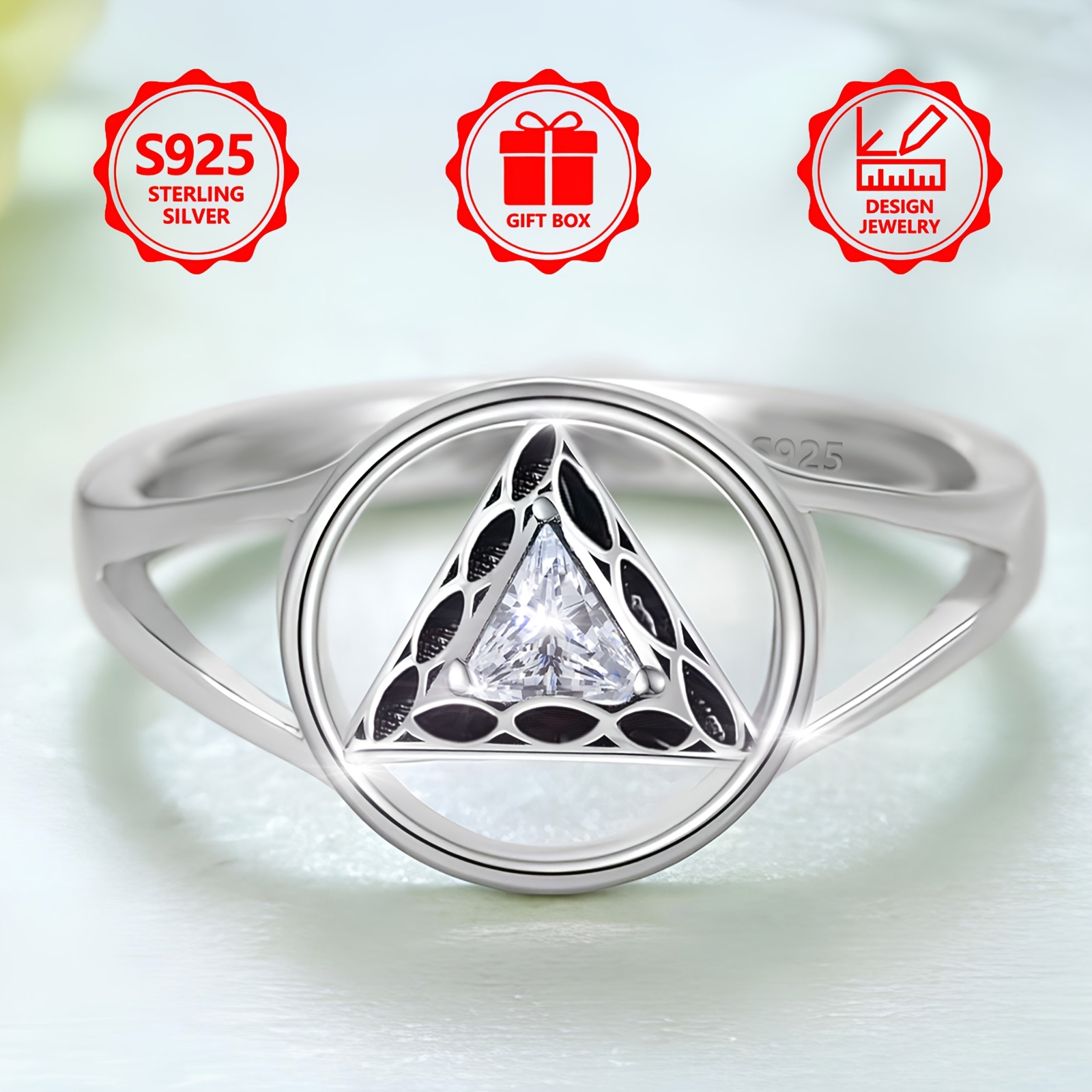 925 Sterling Silver Triangle Zirconia Hollow Circle Ring