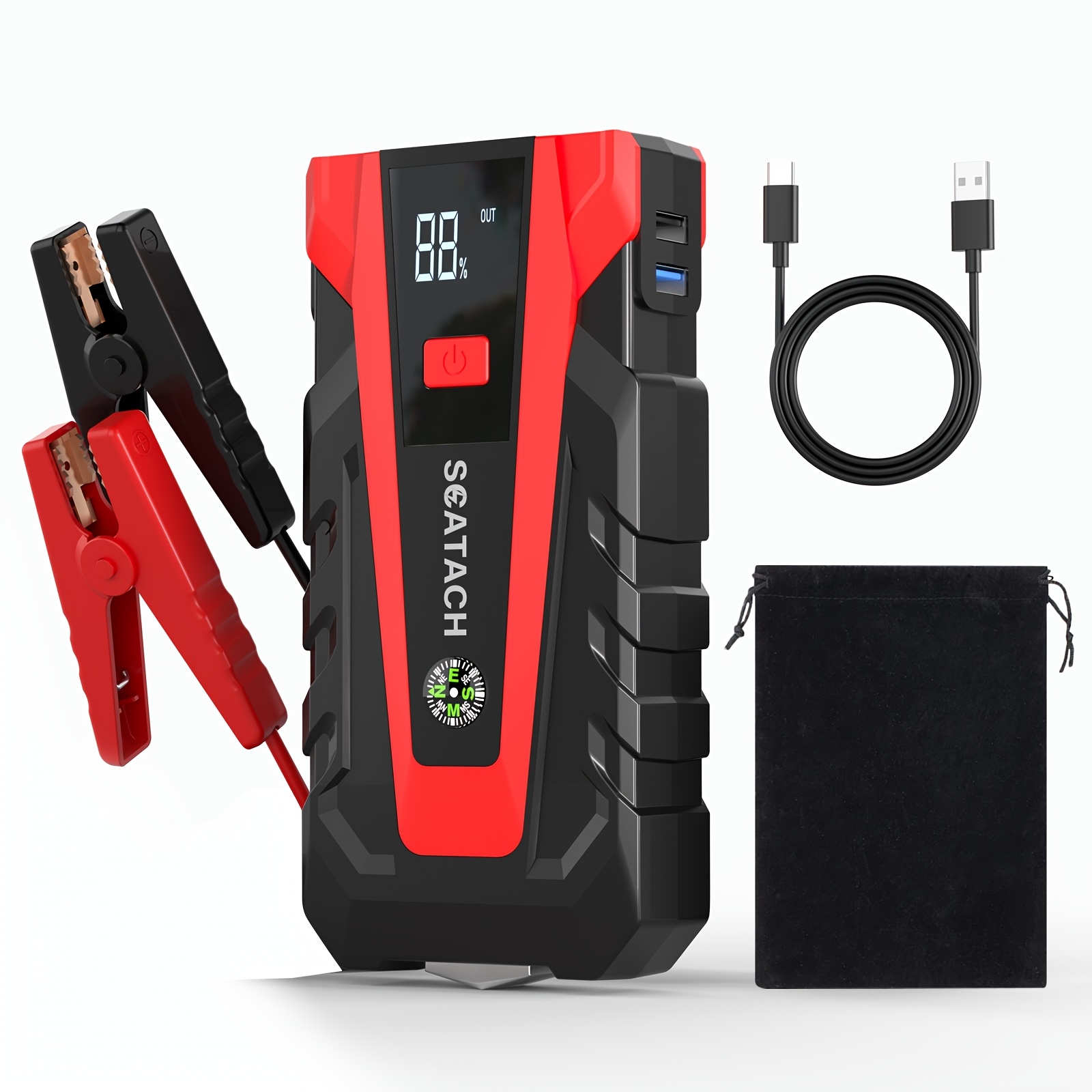 12000a Car Battery Starter, 12v Pack (up To 14.0 Gasoline Engine And 12.0 Engine), Portable Starter Power Led Display Screen, Portable Jumper Box With 3 Flash And Jumper Cable.