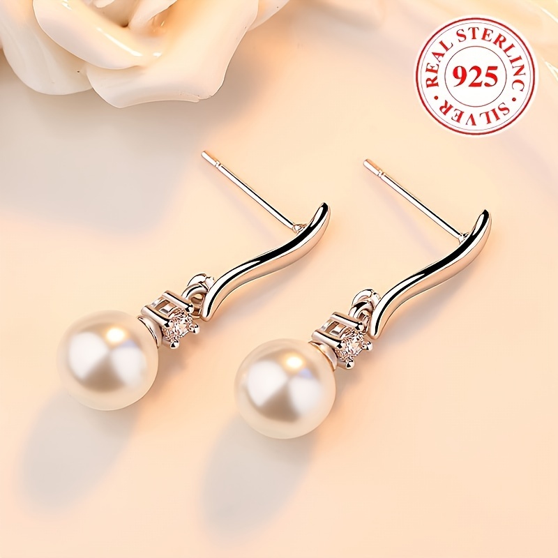 TEMU 1 Pair Elegant 925 Sterling Silver Plated Drop Earrings, Hypoallergenic Simple Luxury Dangle Earrings For Women, Wedding/gift - Compatible,
