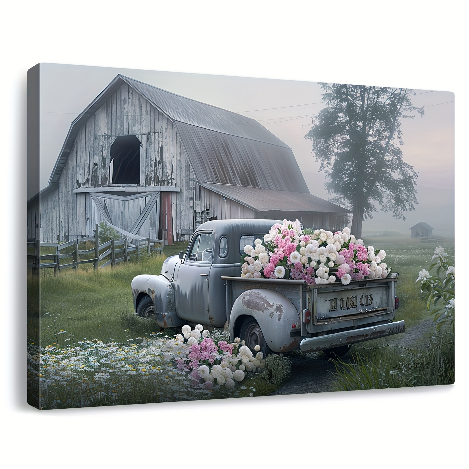 TEMU 2d Flat, 2d Flat, 2d Flat Framed Canvas Wall Art Featuring A Misty Countryside Landscape, Showcasing A Rustic Farmhouse Barn And An Old Truck