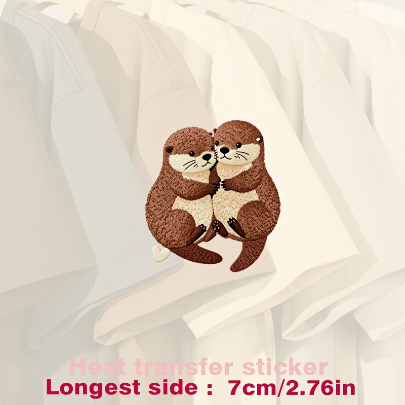 TEMU Adorable Otter Duo, Brown And Cream Fur, Heart-shaped Tail, Black Background, Cute, Heat Transfer Stickers Are Suitable For Flat Fabrics Such ,