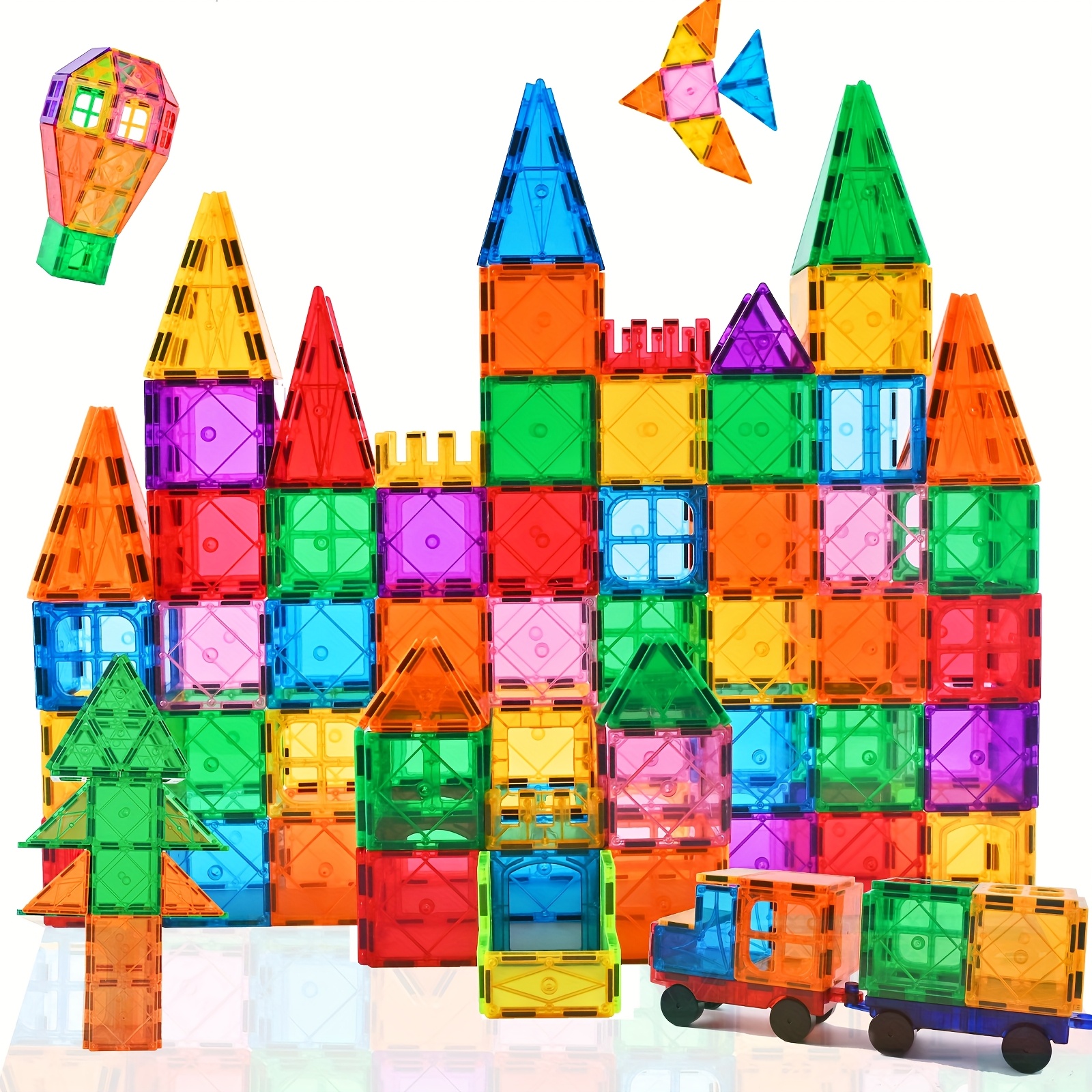TEMU Magnetic Building Tiles, 95pcs Magnetic Blocks For Kids, Magnet Building Set With 2 Cars, Construction Building Set, 3d Clear Building Stacking