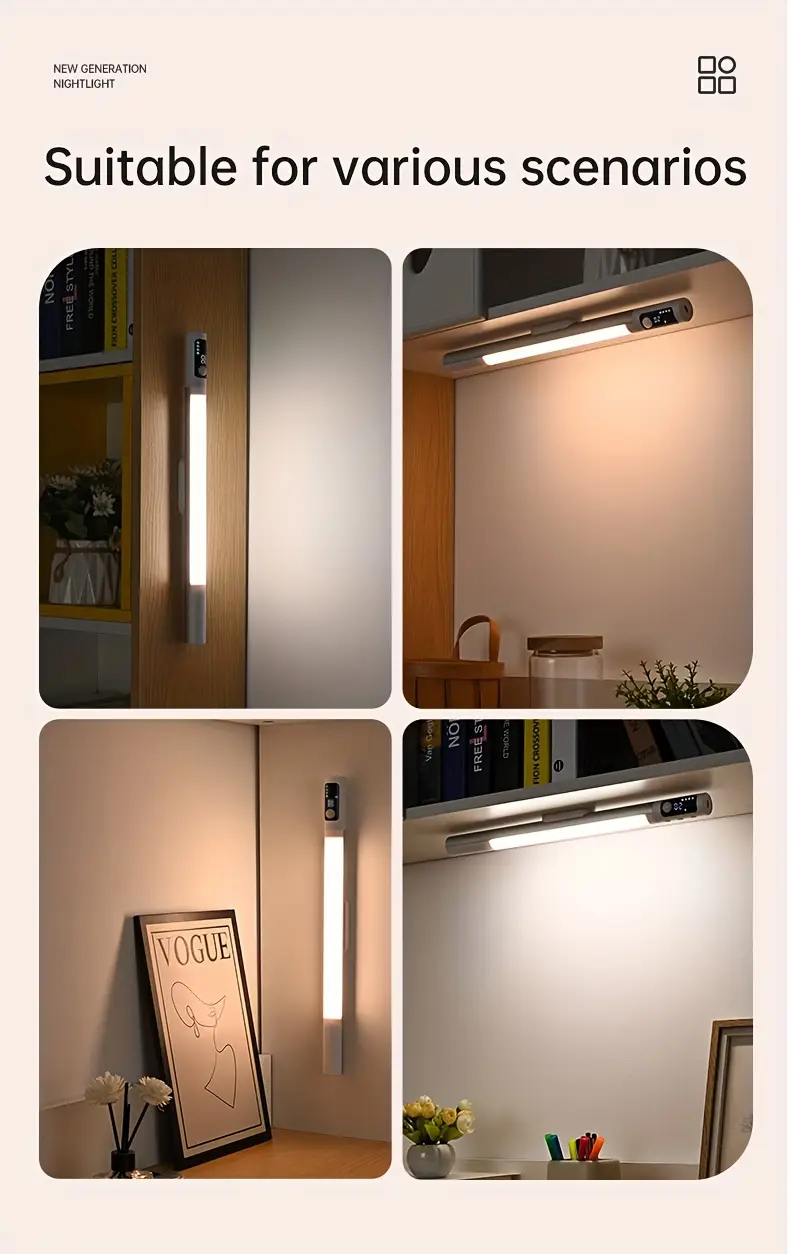 1pc modern motion sensor led light rechargeable under cabinet light with battery level display wireless magnetic freestanding wall mount for kitchen bedroom office plastic shade metal usb cable included 1200mah lithium battery infrared sensor function details 5