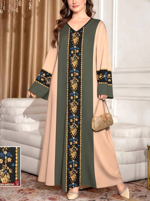 plus size 2026 middle eastern elegant robe spring summer plus size fashion womens ethnic color block printed loose comfortable long sleeve dress 1