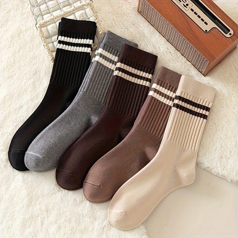 item picture 5 pair womens     long socks two stripe   calf socks korean style fashionable and versatile womens socks autumn winter   womens socks