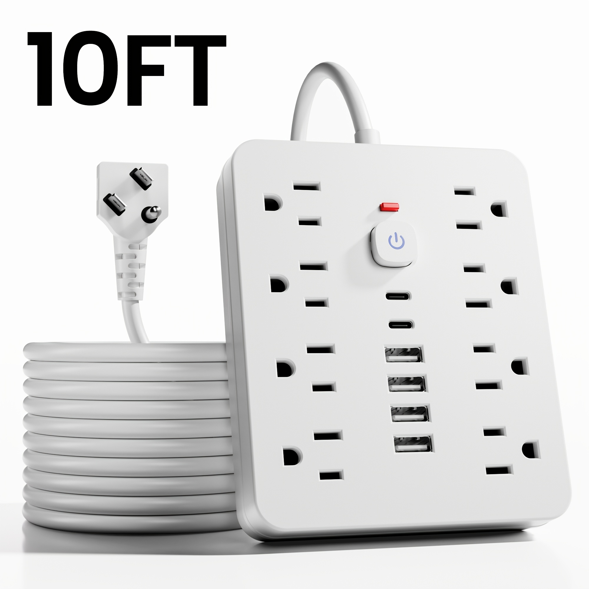 TEMU Multiprise à Prise Plate, Protecteur de Surge 14-en-1 avec 8 Prises AC, 6 Ports USB (2 Type-C) & Protection contre les Surcharges pour Usage