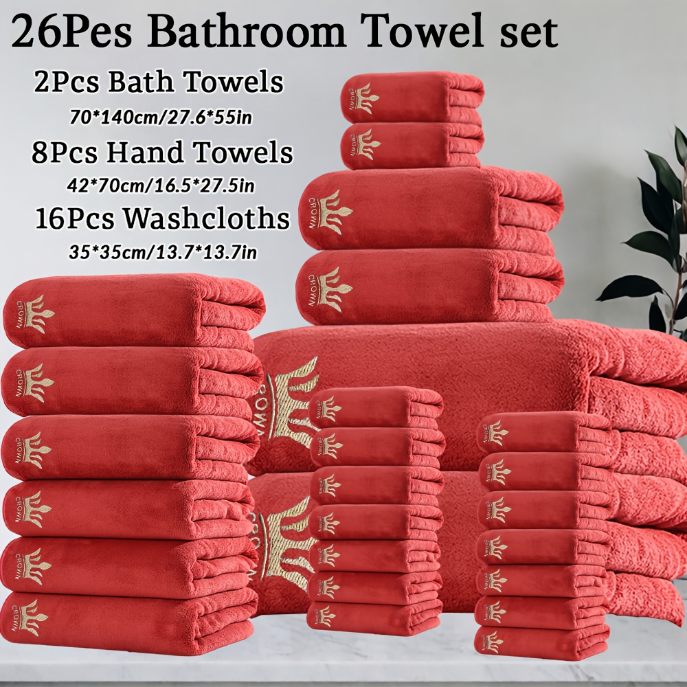 TEMU Ensemble de serviettes de bain et de toilettes brodées, 10/26 pièces, en molleton de , disponible en plusieurs couleurs, douces et confortables,