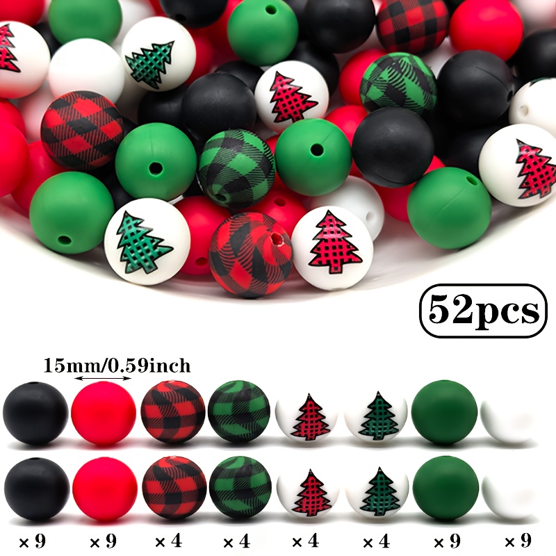 TEMU 32/52pcs Silicone Beads, Christmas Theme, With Red And Green Round Loose Spacer Beads, Suitable For Handmade Making, Keychains, Daily Decoration