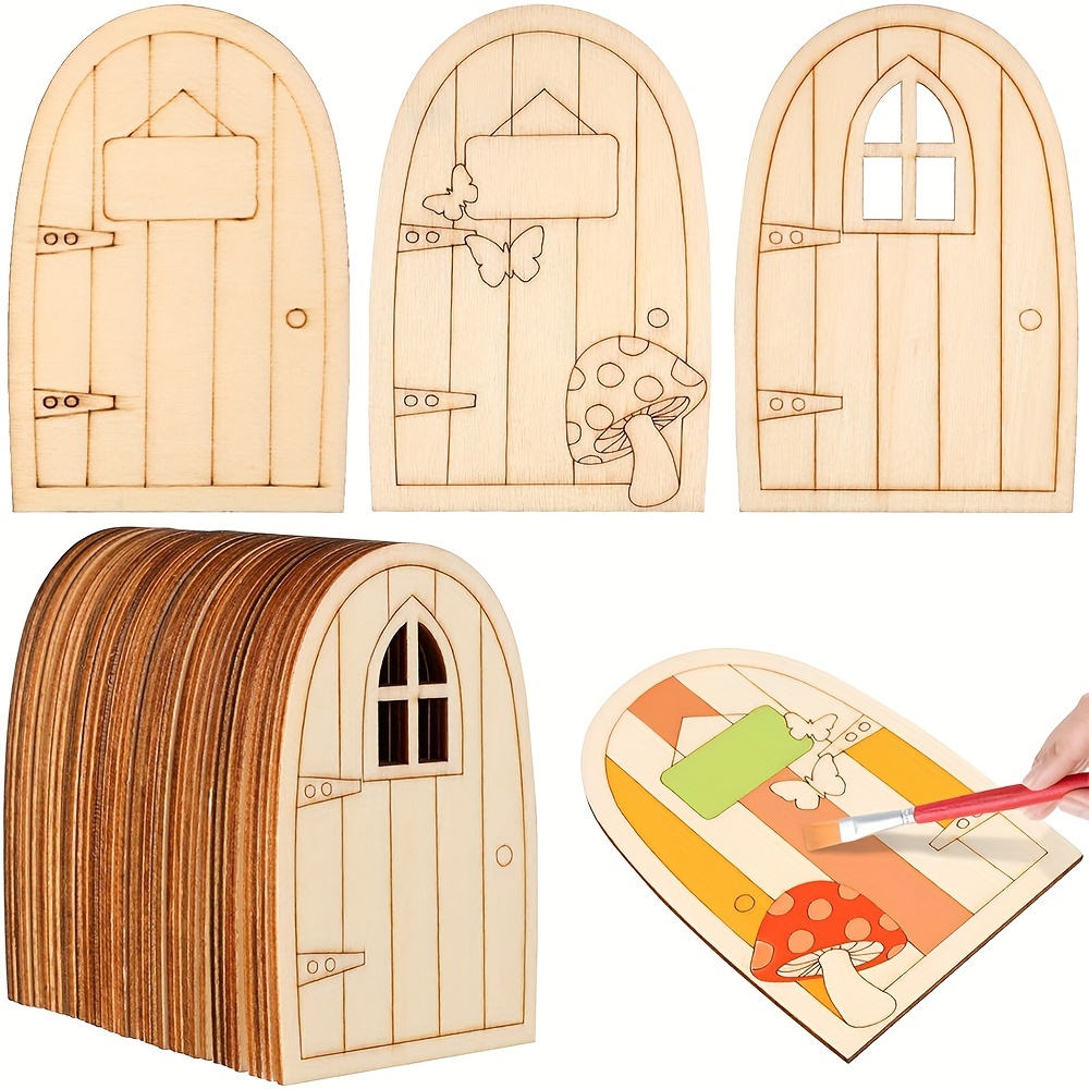 

24pcs Wooden Fairy Doors Craft Set - Unpainted Miniature Door Shapes For Diy Arts, Dollhouses, And Garden Tree Decoration