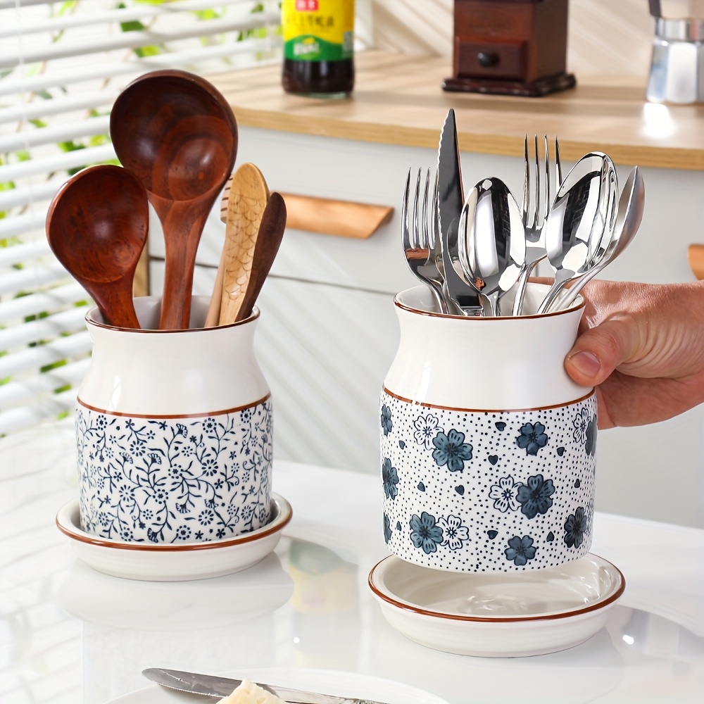 2pcs set ceramic large capacity kitchen utensil storage rack with ceramic base cherry   pattern kitchenware holder   desktop countertop storage and decoration Product details 1